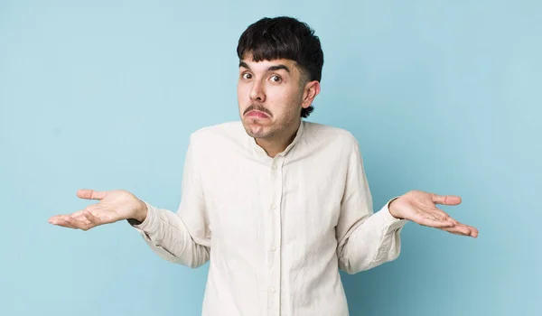 Young Adult Hispanic Man Feeling Clueless Confused Having Idea Absolutely — Stockfoto