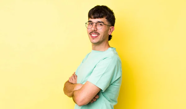 Young Adult Hispanic Man Smiling Camera Crossed Arms Happy Confident — Stock Photo, Image