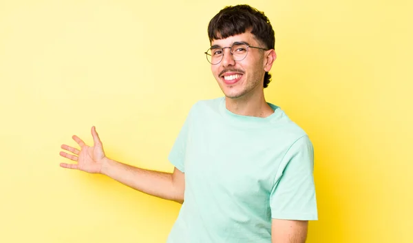 Young Adult Hispanic Man Feeling Happy Cheerful Smiling Welcoming You — Stock Photo, Image