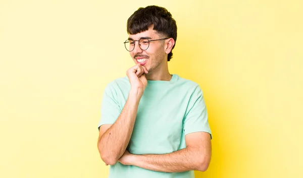 Young Adult Hispanic Man Smiling Happy Confident Expression Hand Chin — Stock Photo, Image