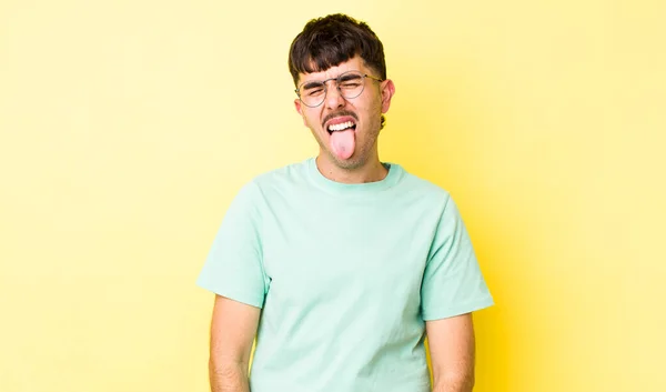 Young Adult Hispanic Man Cheerful Carefree Rebellious Attitude Joking Sticking — Stock Photo, Image