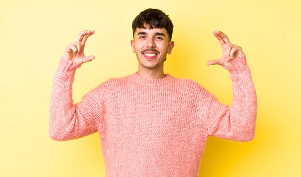 Young Adult Hispanic Man Framing Outlining Own Smile Both Hands — Stock Photo, Image
