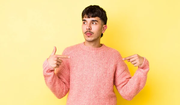 Young Adult Hispanic Man Looking Proud Positive Casual Pointing Chest — Stock Photo, Image