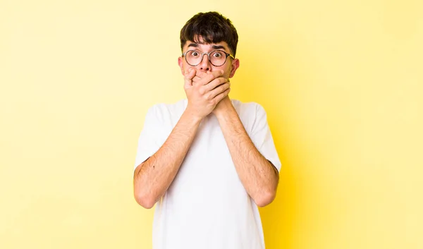 Young Adult Hispanic Man Covering Mouth Hands Shocked Surprised Expression — Stock Photo, Image