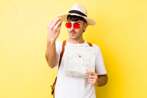 Young Hispanic Tourist Making Capice Money Gesture Telling You Pay — Stock Photo, Image