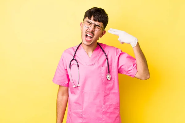 Young Hispanic Man Looking Unhappy Stressed Suicide Gesture Making Gun — Stock Photo, Image