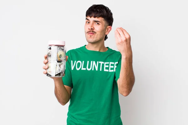 Voluntário Hispânico Fazendo Capice Gesto Dinheiro Dizendo Lhe Para Pagar — Fotografia de Stock