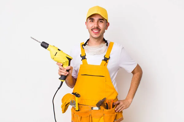 Hispanic Handyman Smiling Happily Hand Hip Confident Drill Concept — Stock Photo, Image