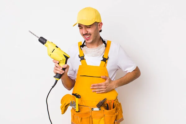 Hispanic Handyman Laughing Out Loud Some Hilarious Joke Drill Concept — Stock Photo, Image