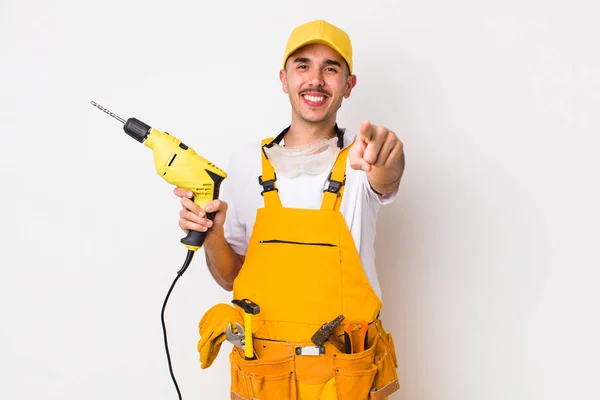 Hispanic Handyman Pointing Camera Choosing You Drill Concept — Stock Photo, Image