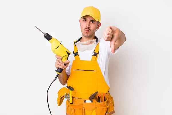 Hispanic Handyman Feeling Cross Showing Thumbs Drill Concept — Stock Photo, Image