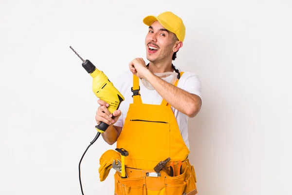 Hispanic Handyman Feeling Happy Facing Challenge Celebrating Drill Concept — Stock Photo, Image