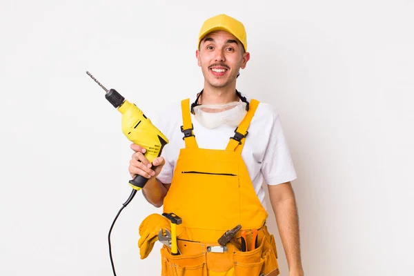 Hispanic Handyman Looking Happy Pleasantly Surprised Drill Concept — Stock Photo, Image