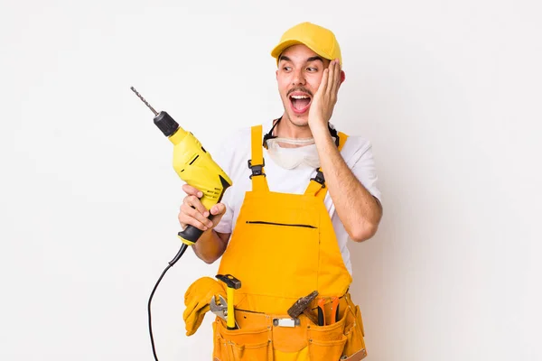 Hispanic Handyman Feeling Happy Excited Surprised Drill Concept — Stock Photo, Image