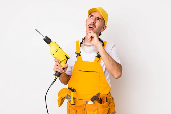 Hispanic Handyman Thinking Feeling Doubtful Confused Drill Concept — Stock Photo, Image