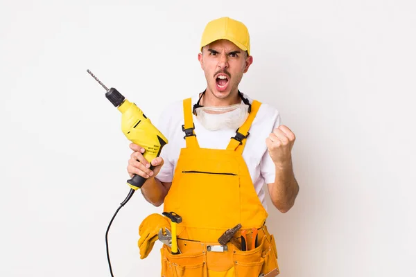 Hispanic Handyman Shouting Aggressively Angry Expression Drill Concept — Stock Photo, Image