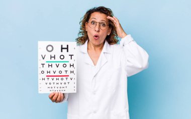 Orta yaşlı kadın mutlu, şaşkın ve şaşırmış görünüyor. vizyon testi kavramı
