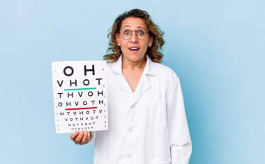 Orta yaşlı kadın çok şaşırmış ya da şaşkın görünüyor. vizyon testi kavramı