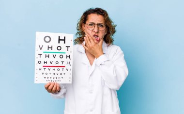 Orta yaşlı kadın, ağzı ve gözleri sonuna kadar açık ve elleri çenesinde. vizyon testi kavramı