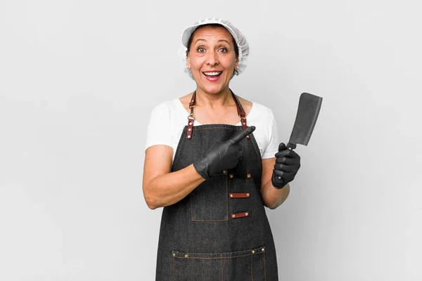 Middle Age Woman Looking Excited Surprised Pointing Side Butcher Concept — Stock Photo, Image