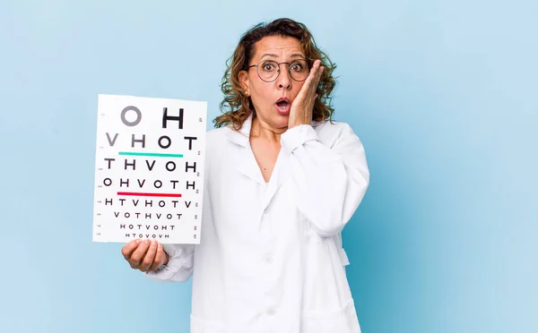 Kobieta Średnim Wieku Jest Zszokowana Przerażona Koncepcja Badania Wzroku — Zdjęcie stockowe
