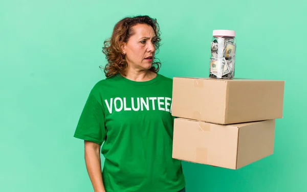 Middle Age Woman Feeling Sad Upset Angry Looking Side Volunteer — Stock Photo, Image