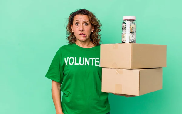 Middle Age Woman Looking Puzzled Confused Volunteer Donation Concept — Stock Photo, Image