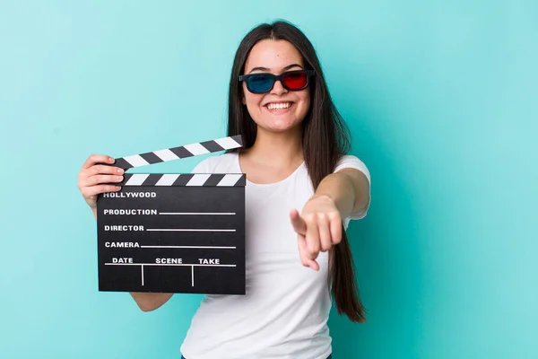 Young Adult Woman Pointing Camera Choosing You Movie Concept — Stockfoto