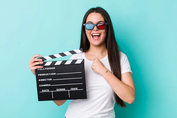 Young Adult Woman Feeling Happy Facing Challenge Celebrating Movie Concept — Stockfoto
