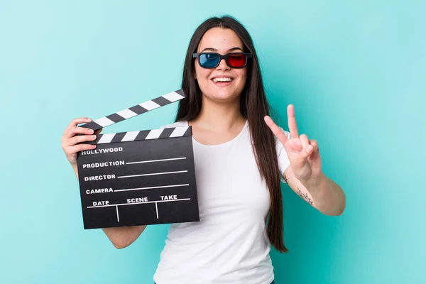 Young Adult Woman Smiling Looking Friendly Showing Number Two Movie — Stockfoto