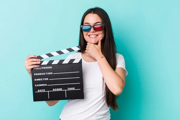 Young Adult Woman Smiling Happy Confident Expression Hand Chin Movie — Stockfoto