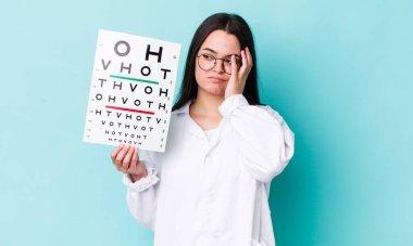 Genç bir kadın bıkkın, bıkkın ve uykulu hissediyor yorucu bir dönemden sonra. optik görüş testi konsepti