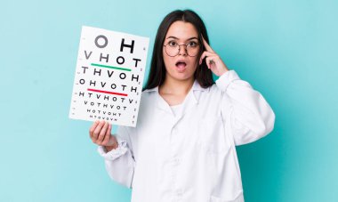 Genç yetişkin kadın şaşırmış görünüyor, yeni bir düşünce, fikir ya da konsept fark ediyor. optik görüş testi konsepti