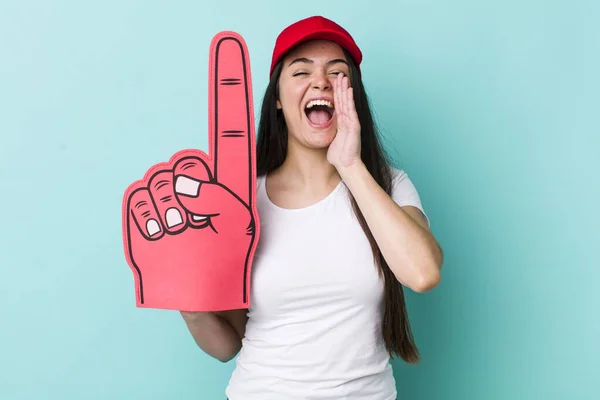 Young Adult Woman Feeling Happy Giving Big Shout Out Hands — Stock Photo, Image