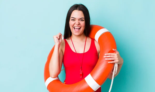 Young Adult Woman Feeling Shocked Laughing Celebrating Success Lifeguard Concept — Stock Photo, Image