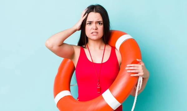 Young Adult Woman Feeling Stressed Anxious Scared Hands Head Lifeguard — Stock Photo, Image