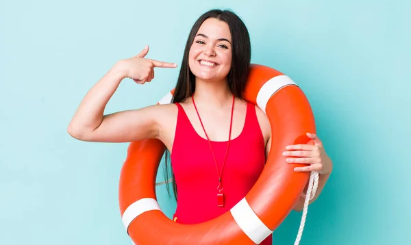 Young Adult Woman Smiling Confidently Pointing Own Broad Smile Lifeguard — Stock Photo, Image