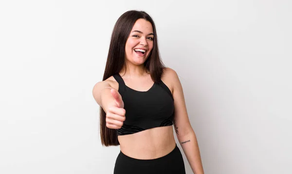 Young Adult Woman Feeling Proud Smiling Positively Thumbs Fitness Concept — Stockfoto