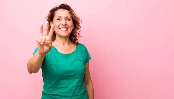 Middle Age Hispanic Woman Smiling Looking Friendly Showing Number Three — Stock Photo, Image
