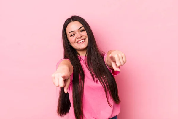 Young Adult Woman Feeling Happy Confident Pointing Camera Both Hands — Stockfoto