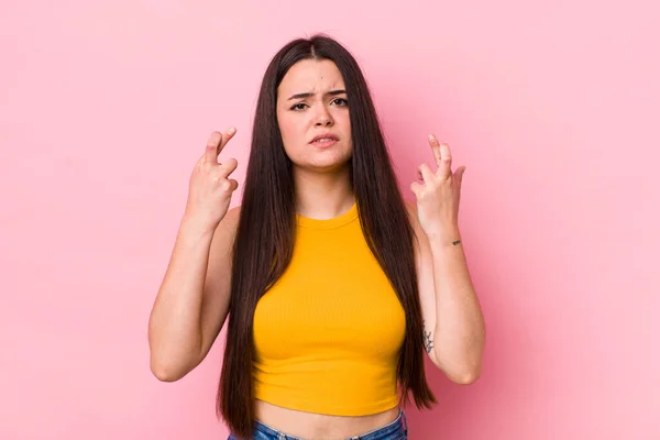 Young Adult Woman Crossing Fingers Anxiously Hoping Good Luck Worried — Stock Photo, Image