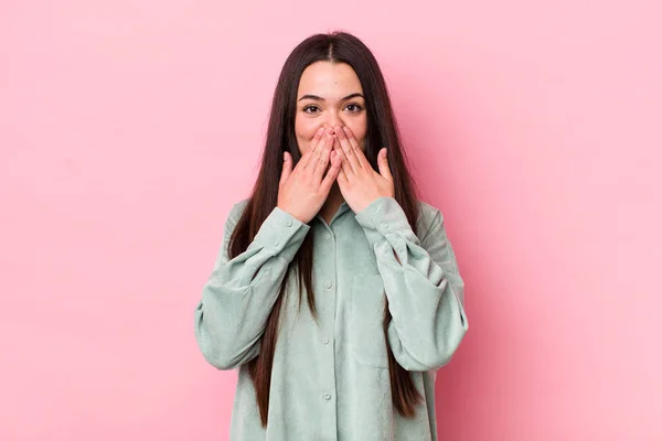 Young Adult Woman Happy Excited Surprised Amazed Covering Mouth Hands — Stockfoto
