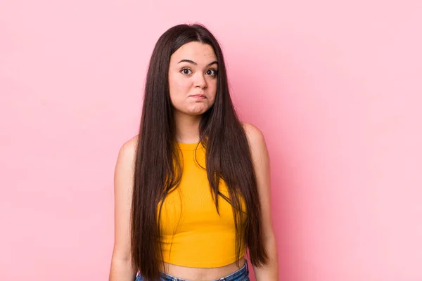 Young Adult Woman Goofy Crazy Surprised Expression Puffing Cheeks Feeling — Stock Photo, Image