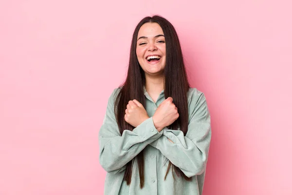 Young Adult Woman Smiling Cheerfully Celebrating Fists Clenched Arms Crossed — Stock Photo, Image