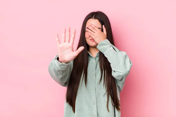Young Adult Woman Covering Face Hand Putting Other Hand Front — Stock Photo, Image