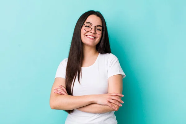 Young Adult Woman Laughing Happily Arms Crossed Relaxed Positive Satisfied — ストック写真