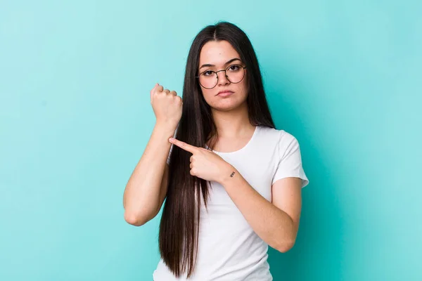 Young Adult Woman Looking Impatient Angry Pointing Watch Asking Punctuality — Stockfoto