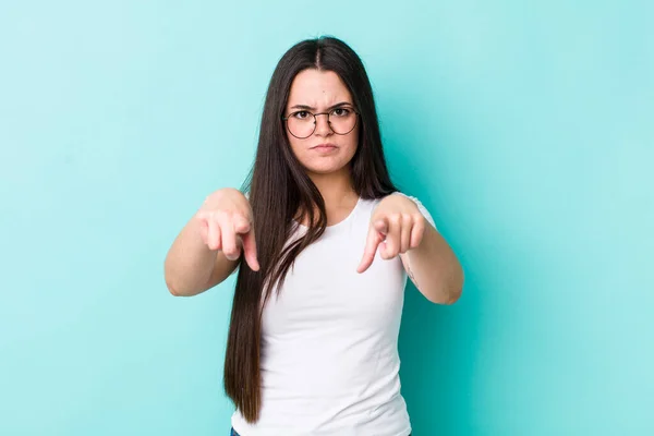 Young Adult Woman Pointing Forward Camera Both Fingers Angry Expression — Stock Photo, Image