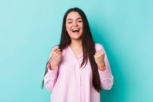 Young Adult Woman Shouting Triumphantly Laughing Feeling Happy Excited While — ストック写真