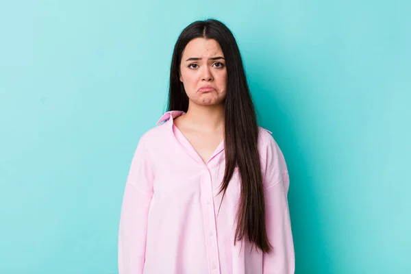 Genç Bir Kadın Üzgün Stresli Kötü Bir Sürpriz Yüzünden Üzgün — Stok fotoğraf
